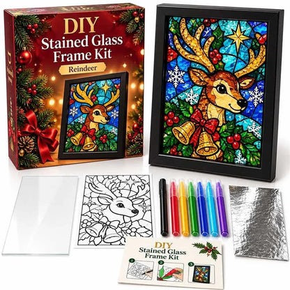 🎄🎨Beginner-Friendly Christmas Stained Glass-Style Frame Kit | 8 Festive Designs with Pens, Foil & Frame (✨Buy 2 Free Shipping)