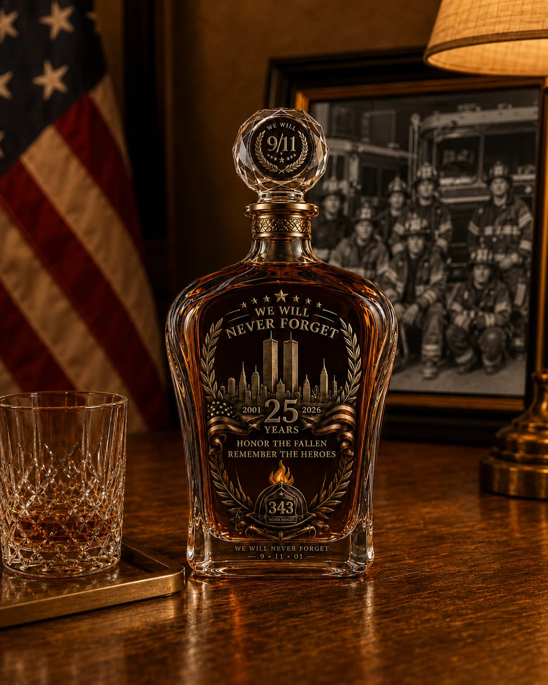 25th Anniversary Never Forget memorial decanter close view