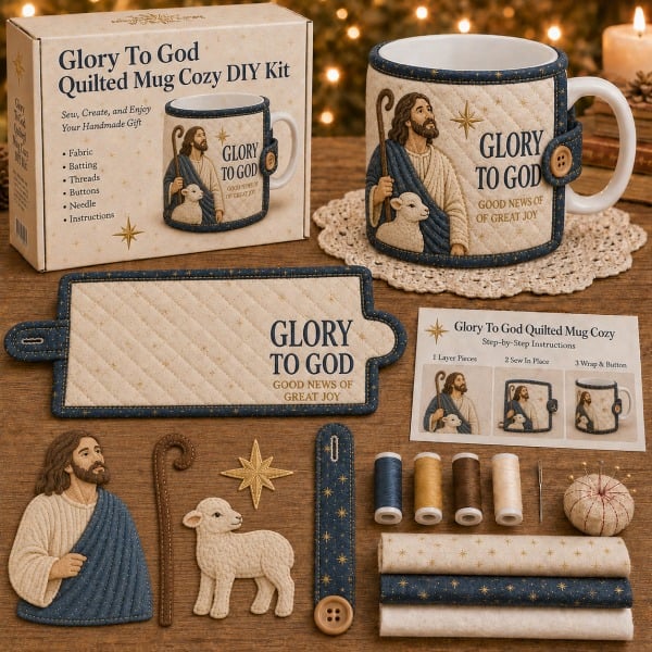 ⏳ Last Day 49% OFF – ✝️ Beginner-Friendly Christmas Faith Mug Cozy Sewing Kit | 6 Christian-Inspired Designs with Fabric Pieces, Batting, Appliqué, Thread, Buttons, Needle & Step-by-Step Guide Included 💕