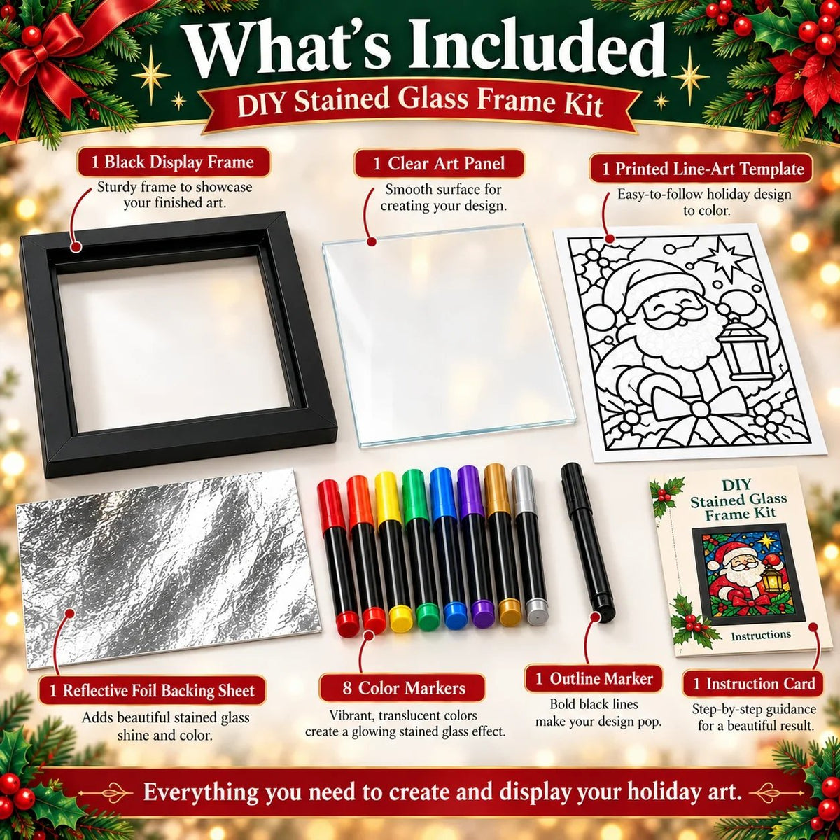 🎄🎨Beginner-Friendly Christmas Stained Glass-Style Frame Kit | 8 Festive Designs with Pens, Foil & Frame (✨Buy 2 Free Shipping)