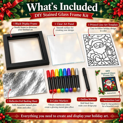 🎄🎨Beginner-Friendly Christmas Stained Glass-Style Frame Kit | 8 Festive Designs with Pens, Foil & Frame (✨Buy 2 Free Shipping)