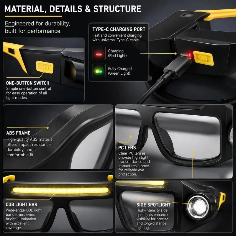 💡 Hands-Free LED Light Glasses | Wide Front Light + Focused Side Beams for DIY, Repairs, Fishing & Camping