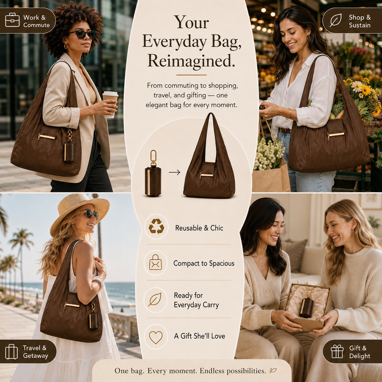 2-in-1 Transformable Vegan Leather Tote Bag