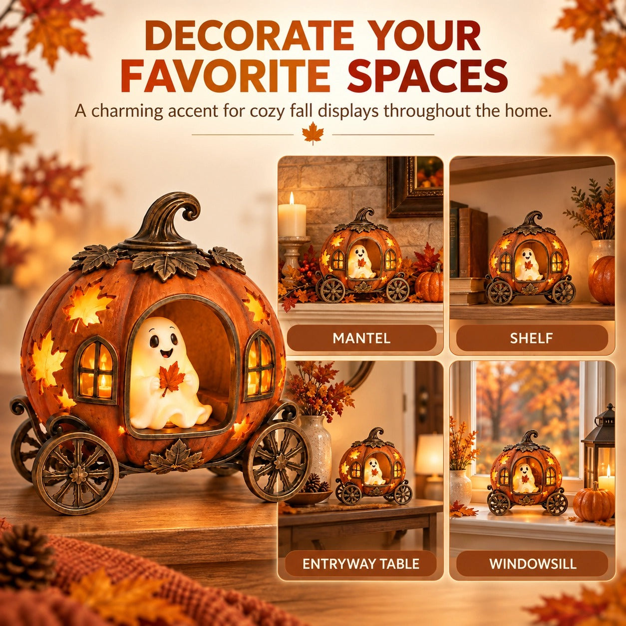 Lighted Ghost Pumpkin Carriage Figurine🎃