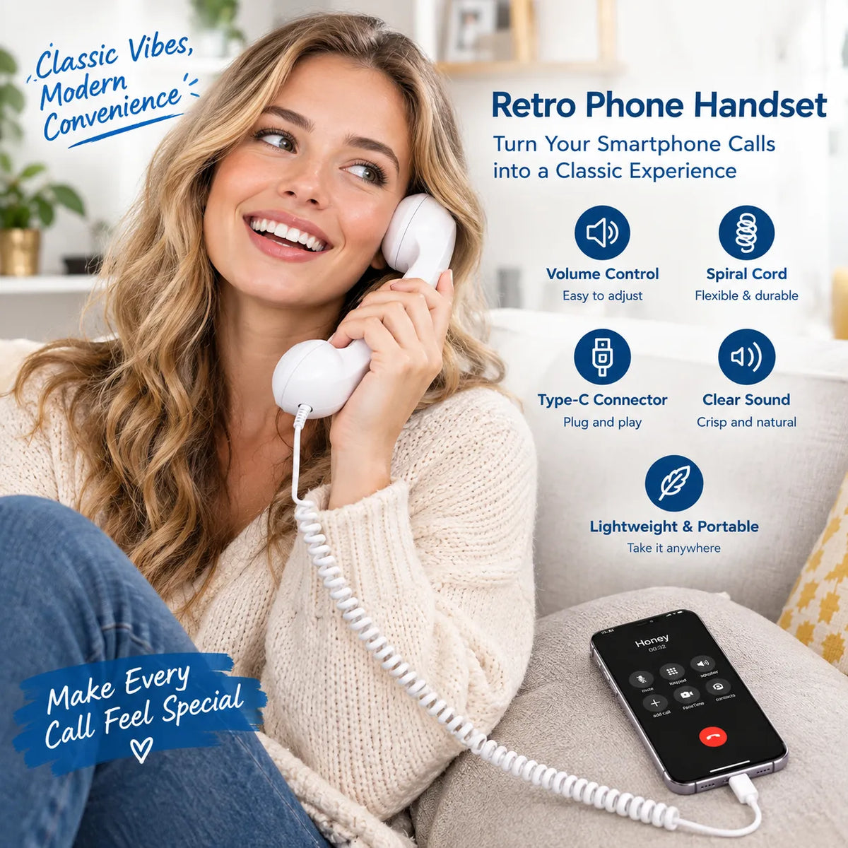Retro Type-C Wired Phone Handset with Mic & Volume Control