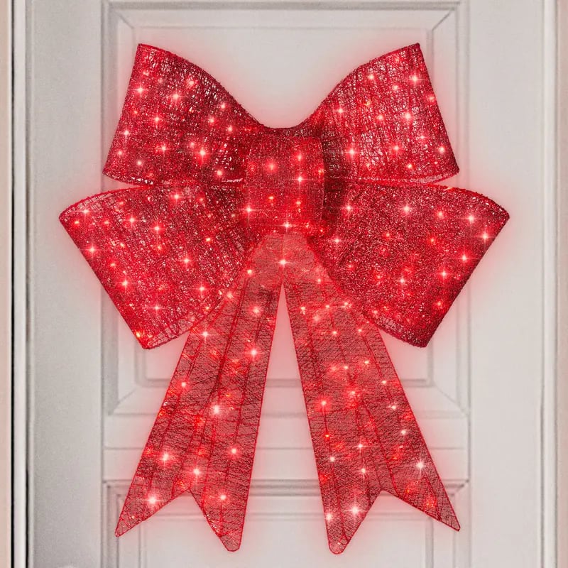 Pre-lit Christmas bow, large outdoor LED-illuminated holiday decoration with 8 lighting functions and hanging hook.