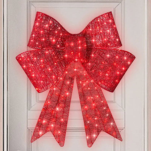 Pre-lit Christmas bow, large outdoor LED-illuminated holiday decoration with 8 lighting functions and hanging hook.
