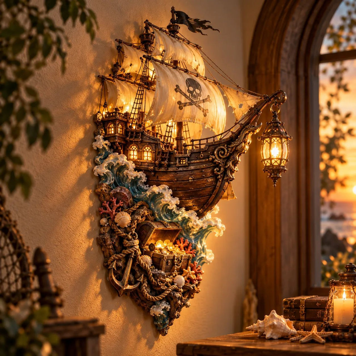 Illuminated pirate ship wall lantern with glowing sails, hanging lantern and treasure chest