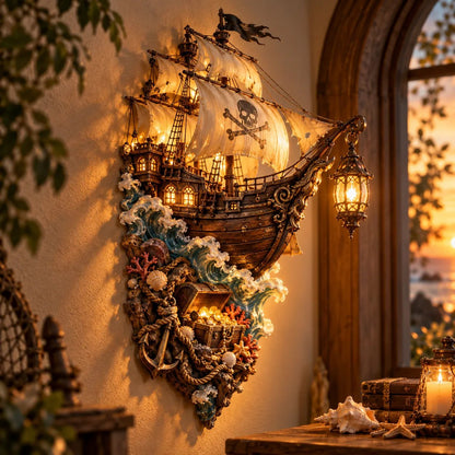 Illuminated pirate ship wall lantern with glowing sails, hanging lantern and treasure chest
