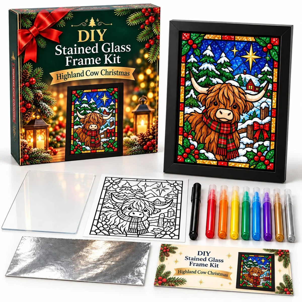 🎄🎨Beginner-Friendly Christmas Stained Glass-Style Frame Kit | 8 Festive Designs with Pens, Foil & Frame (✨Buy 2 Free Shipping)
