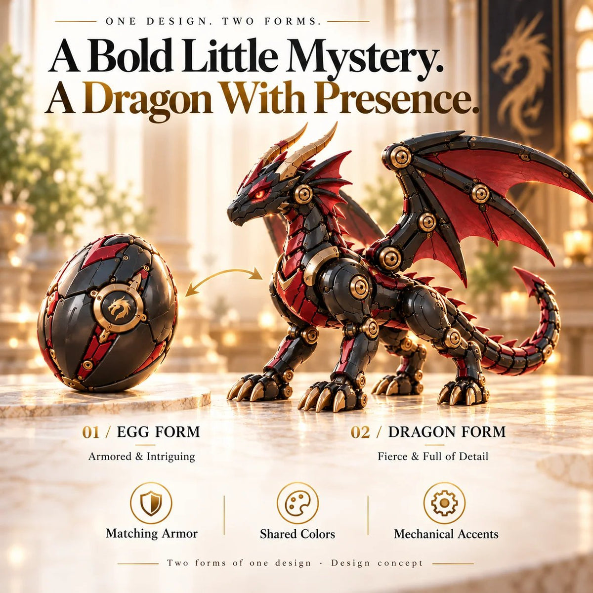 Mechanical Dragon Egg – Black & Crimson Dragon with Folding Wings & Armored Details