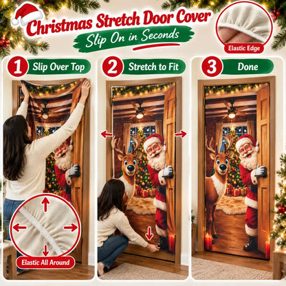 Christmas Door Cover - Stretch Fit Santa & Reindeer Door Decoration with 4-Side Elastic Edges