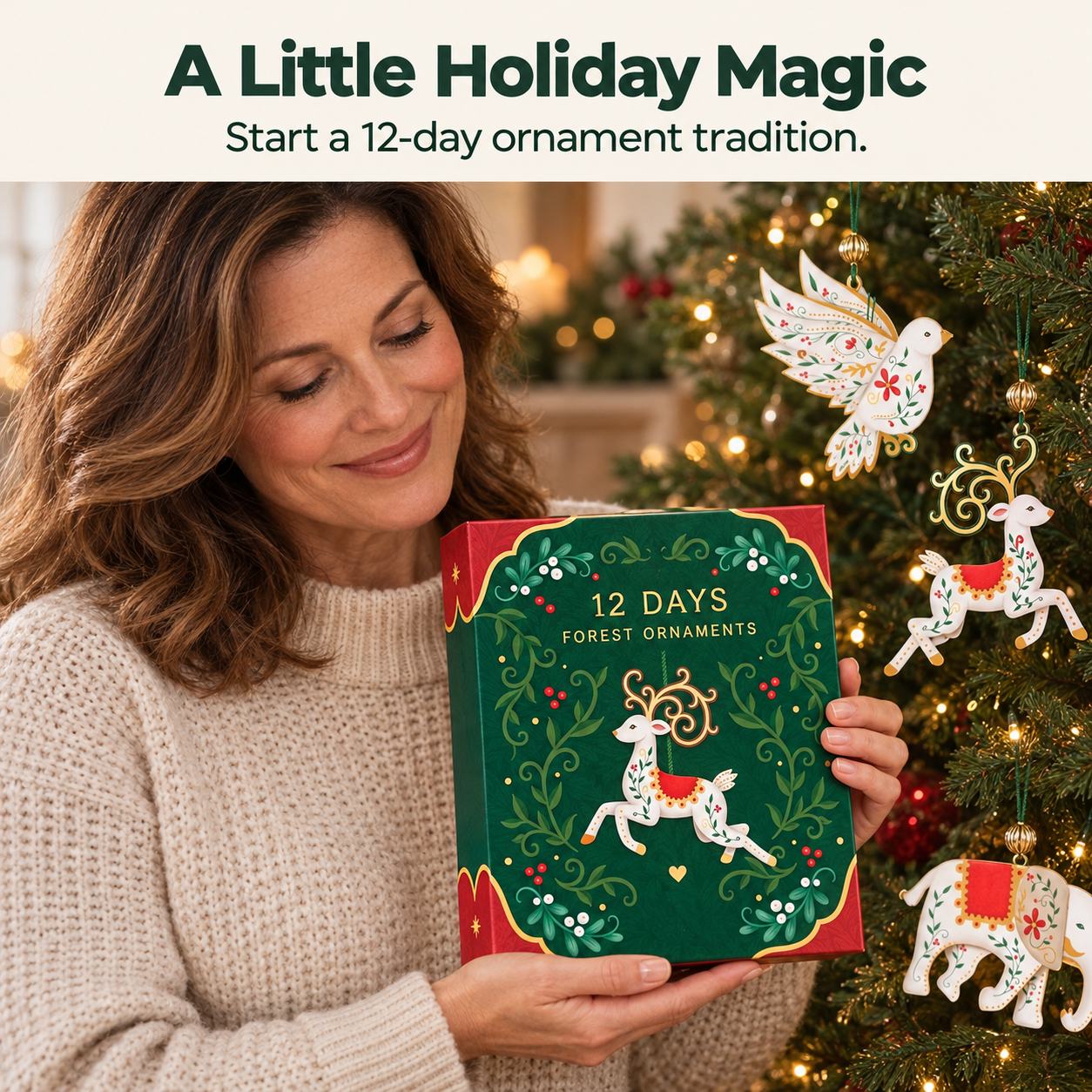 Mature woman starting a twelve-day animal ornament calendar tradition
