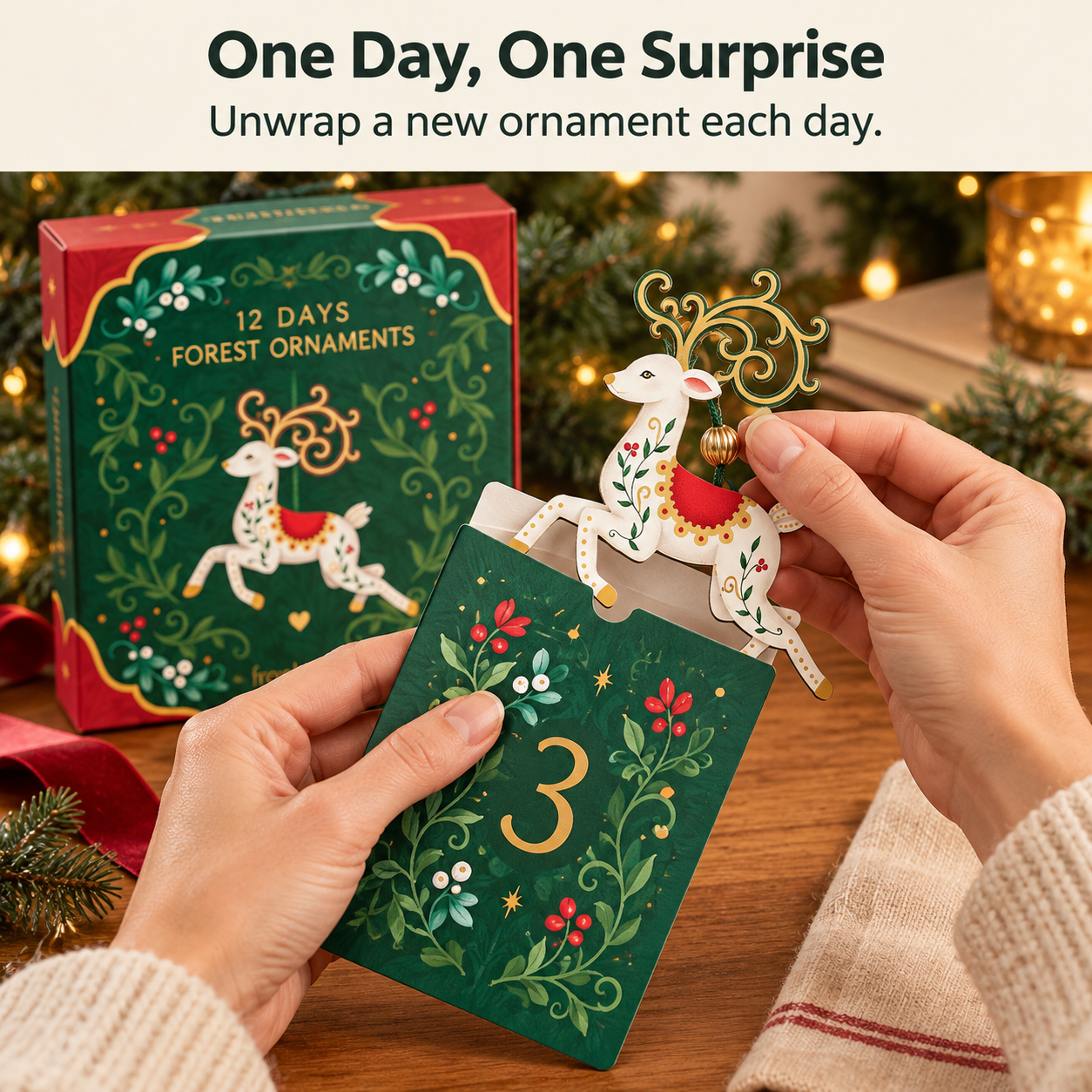 Adult hands revealing a daily animal ornament surprise