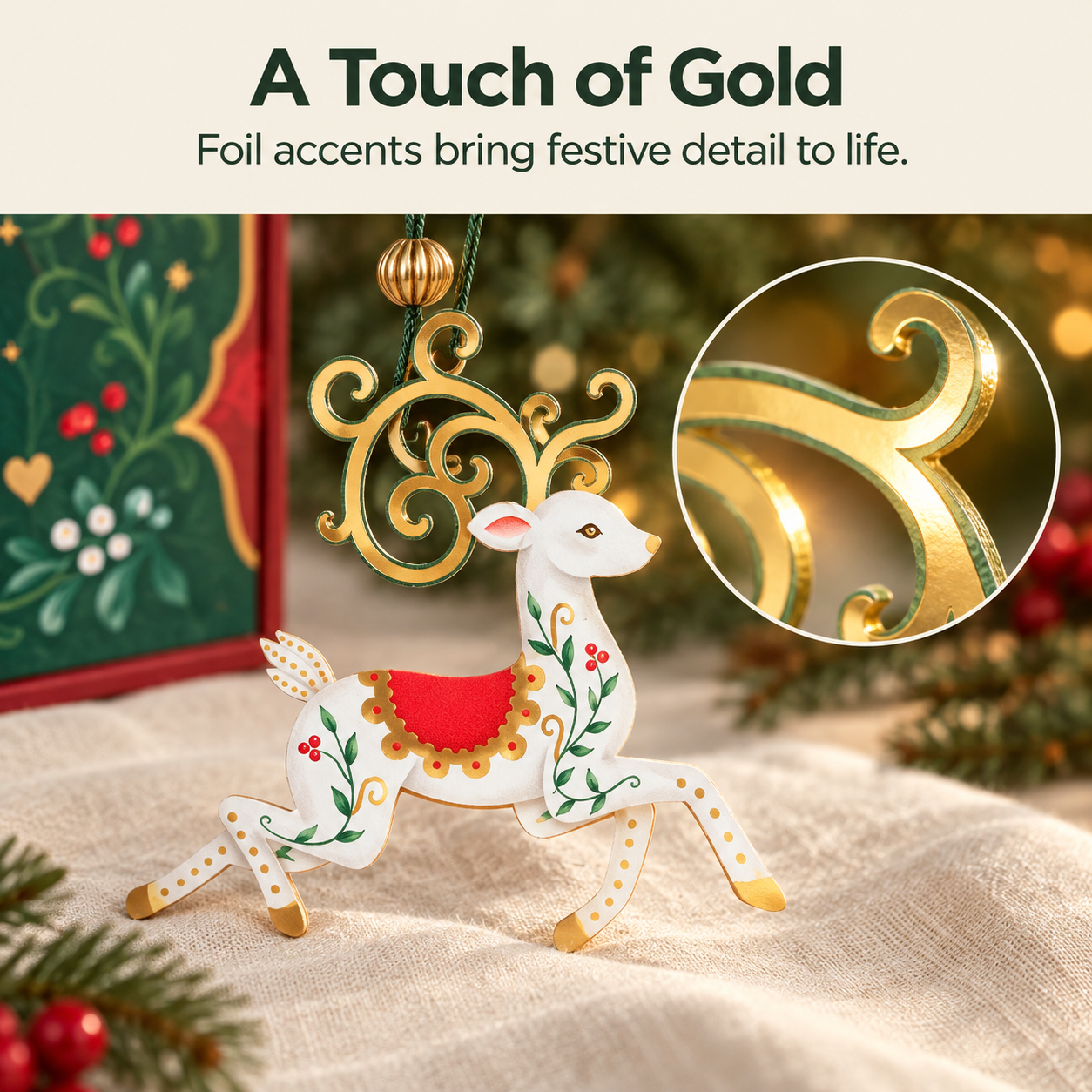 Gold foil detailing on a deer ornament with circular close-up
