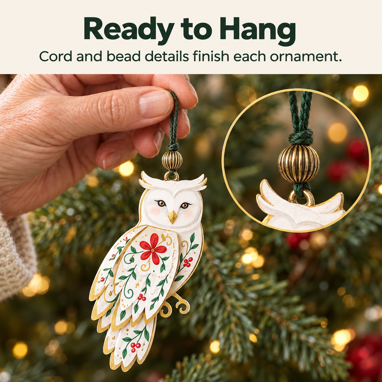 Green hanging cord and vintage-style bead on an owl ornament