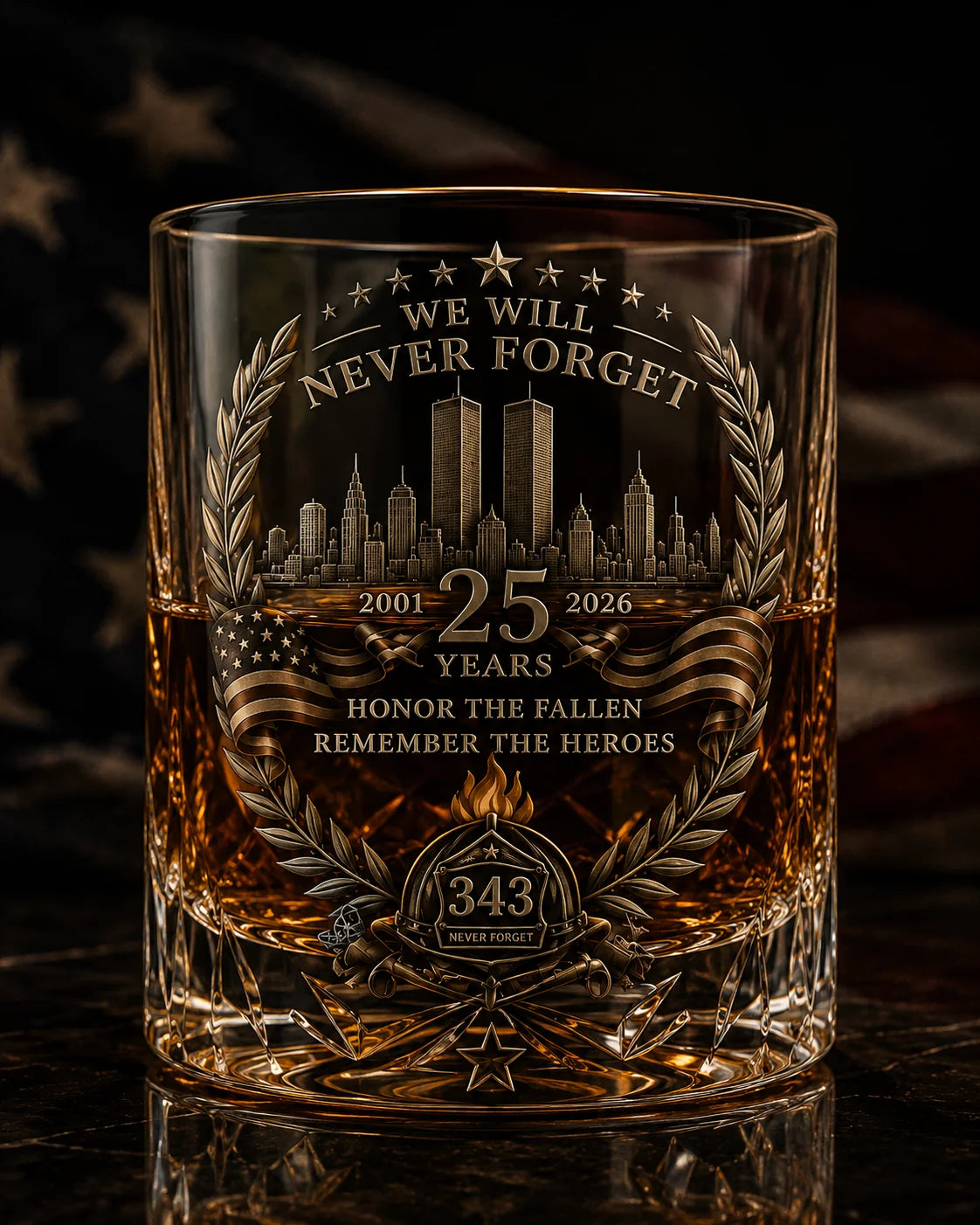 343 Heroes memorial whiskey glass close-up