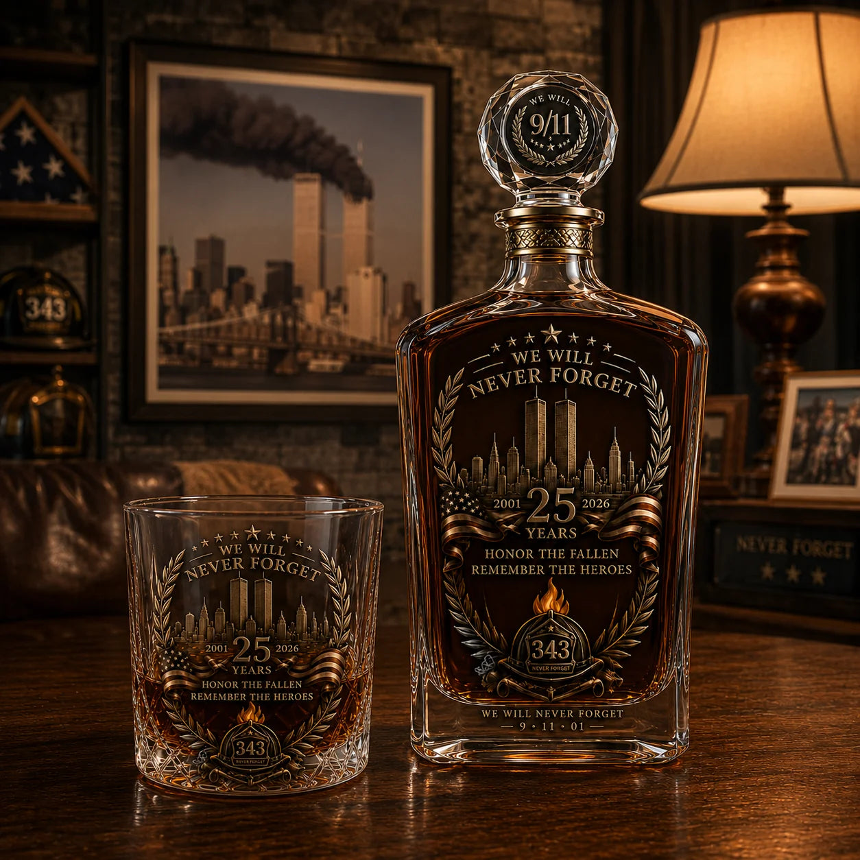 Never Forget memorial decanter and glass displayed at home