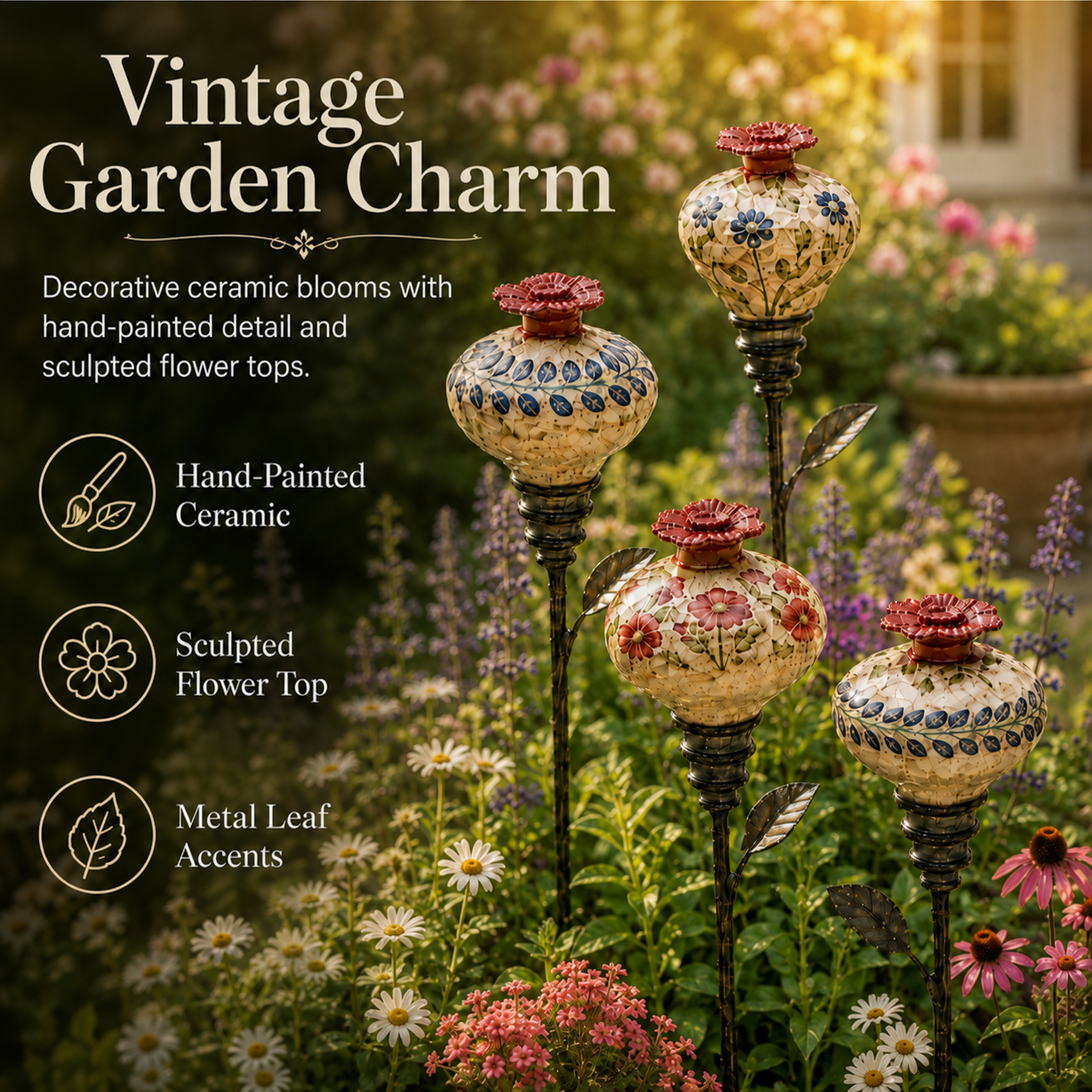 Vintage ceramic hummingbird feeder in a garden