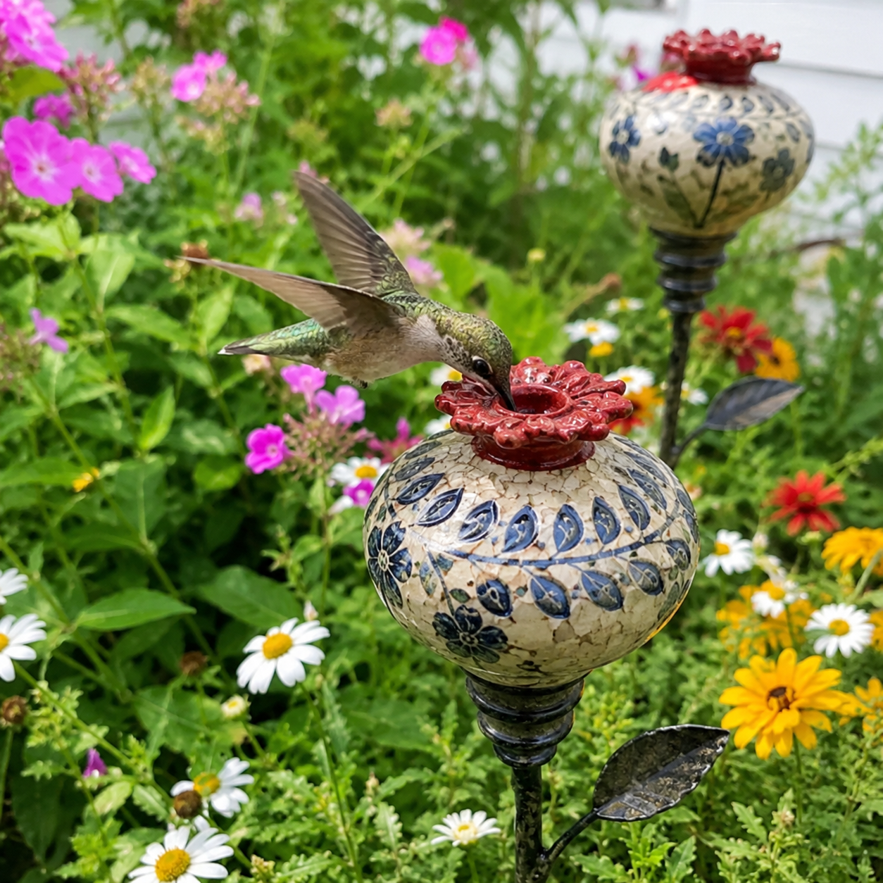 Vintage ceramic hummingbird feeder in a garden
