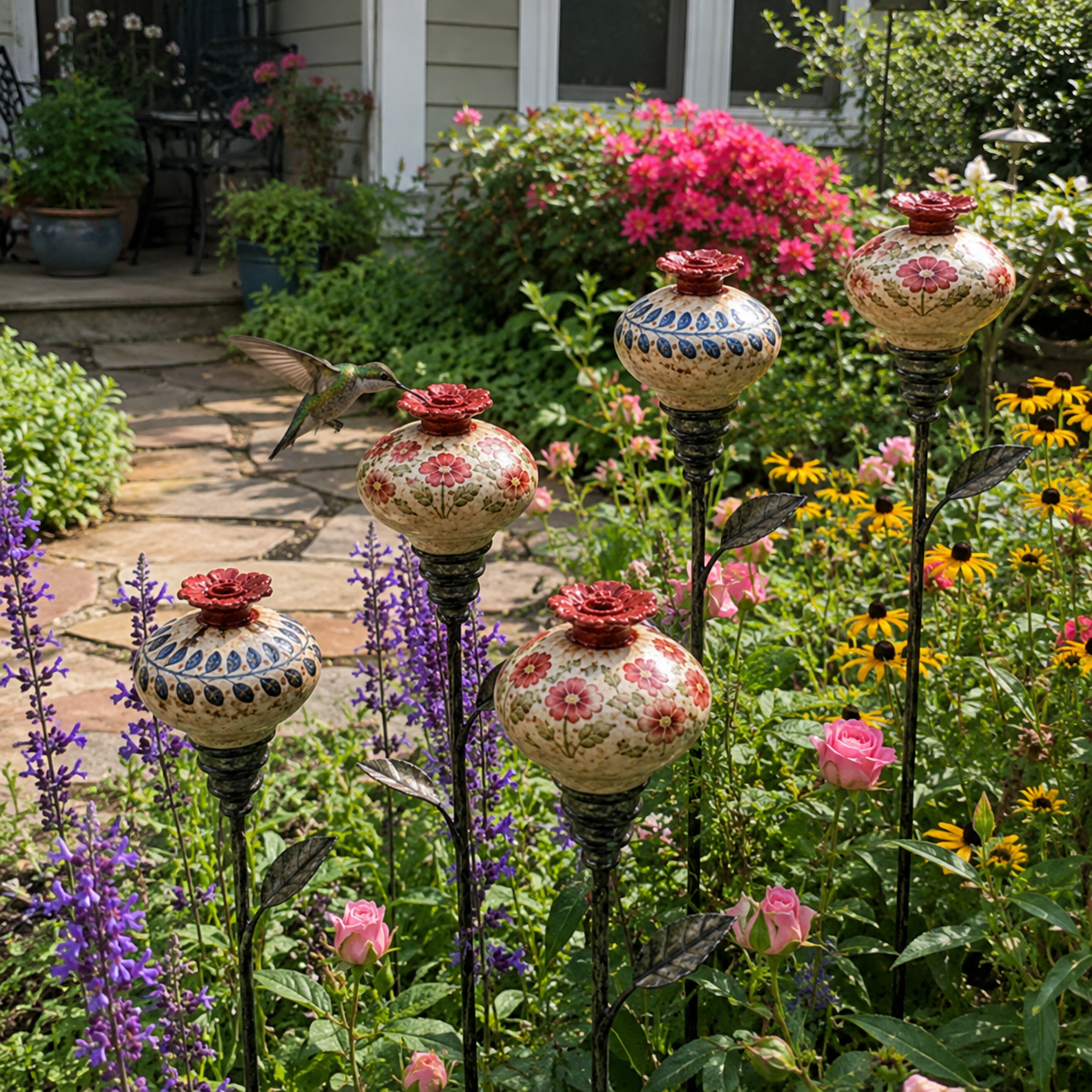 Vintage ceramic hummingbird feeder in a garden