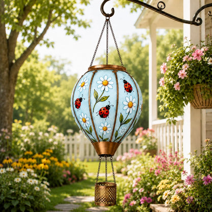 Ladybug hot air balloon solar lantern hanging in a garden patio