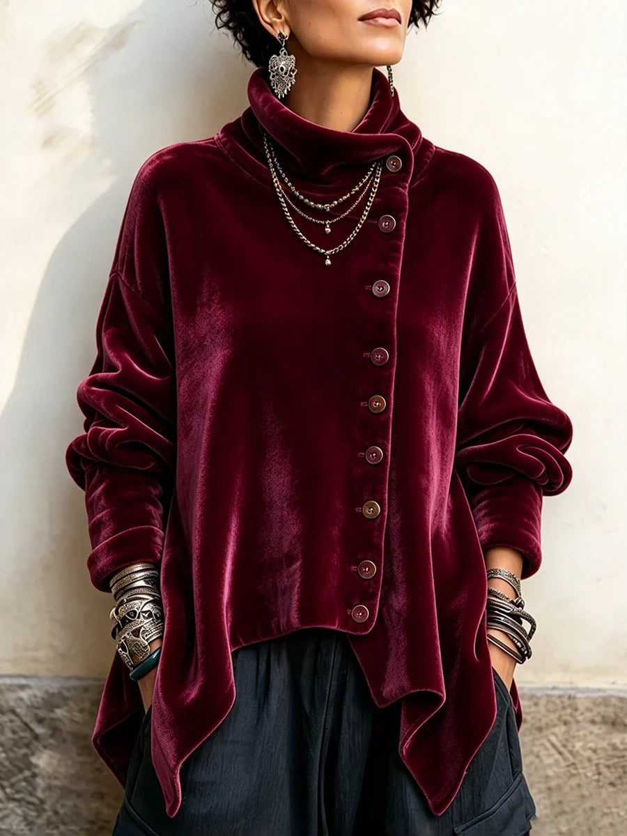 Velvet Asymmetric Button Turtleneck Top