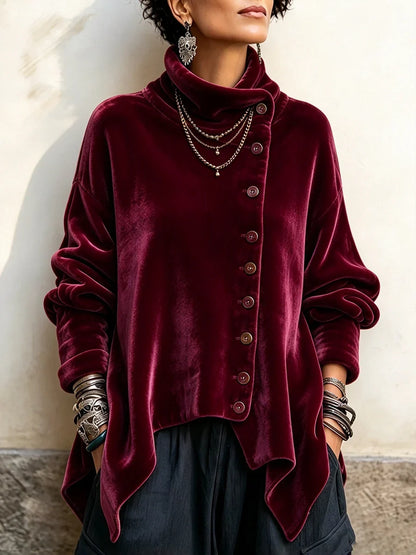Velvet Asymmetric Button Turtleneck Top