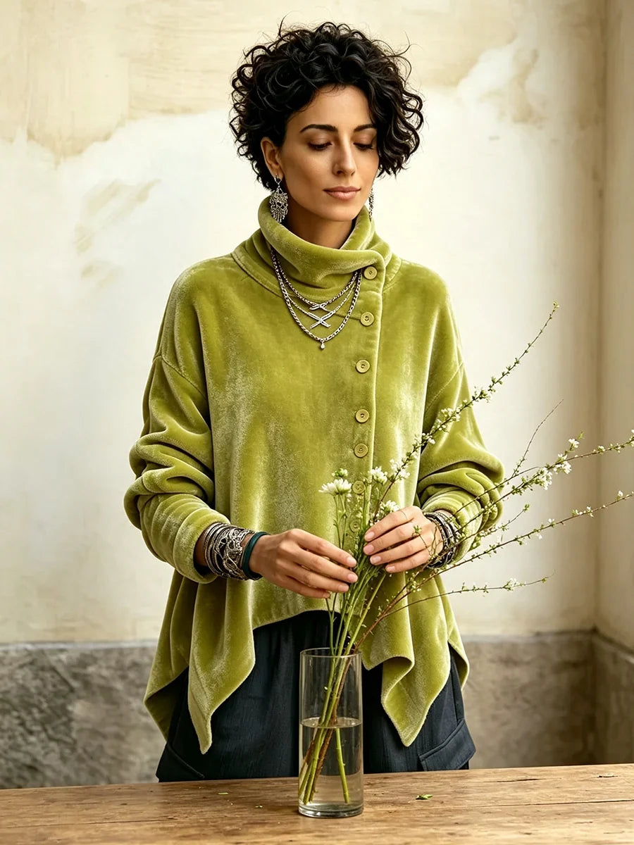 Velvet Asymmetric Button Turtleneck Top