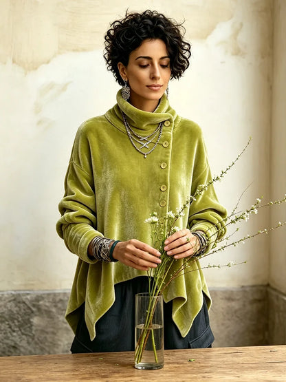 Velvet Asymmetric Button Turtleneck Top