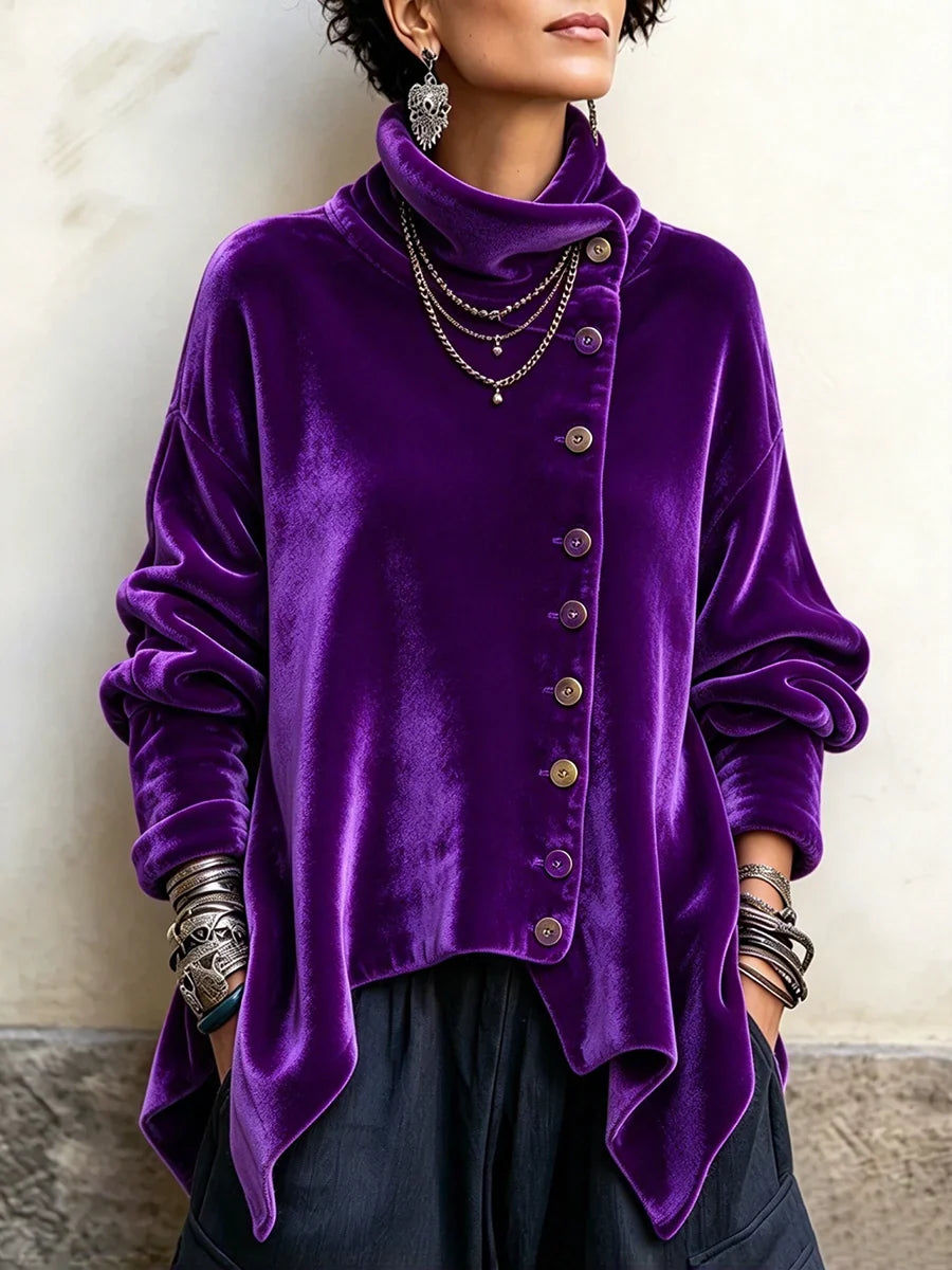 Velvet Asymmetric Button Turtleneck Top