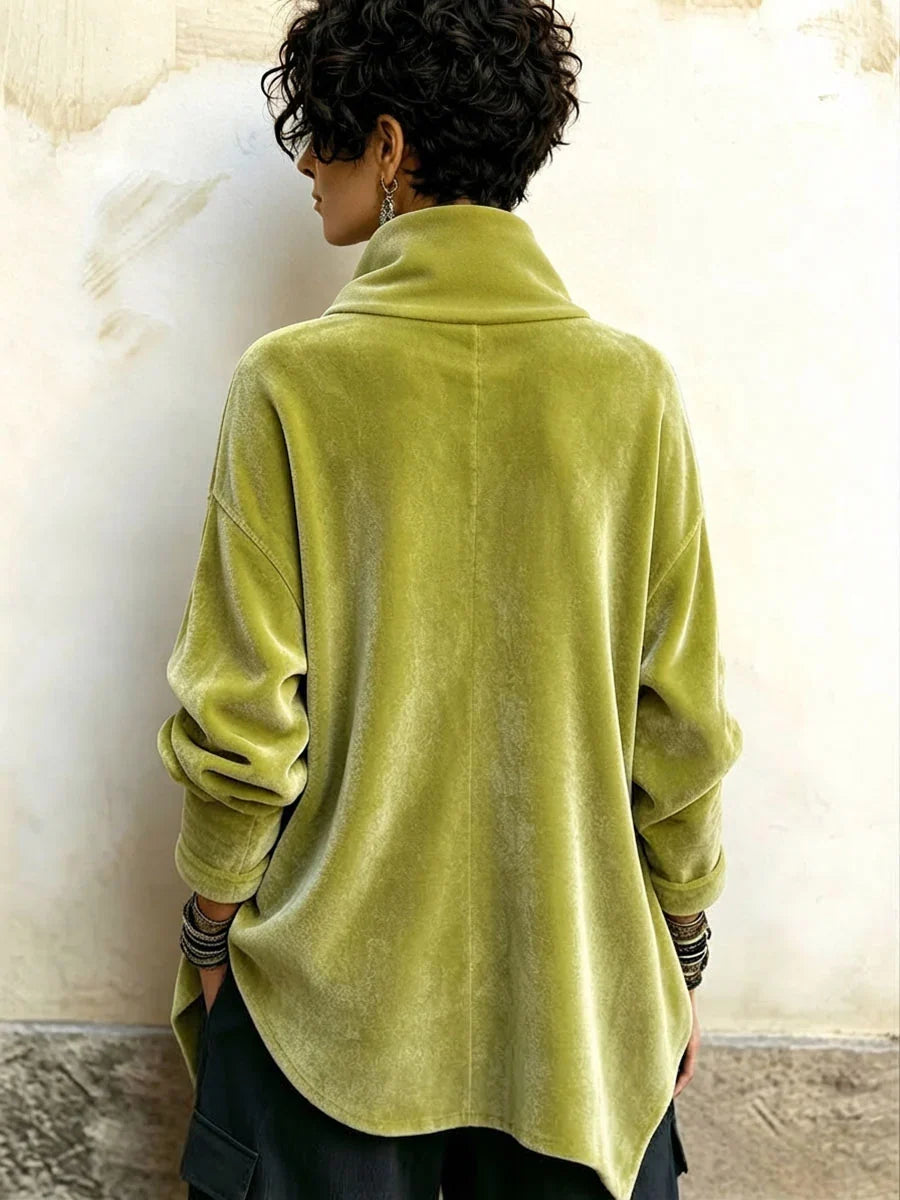 Velvet Asymmetric Button Turtleneck Top