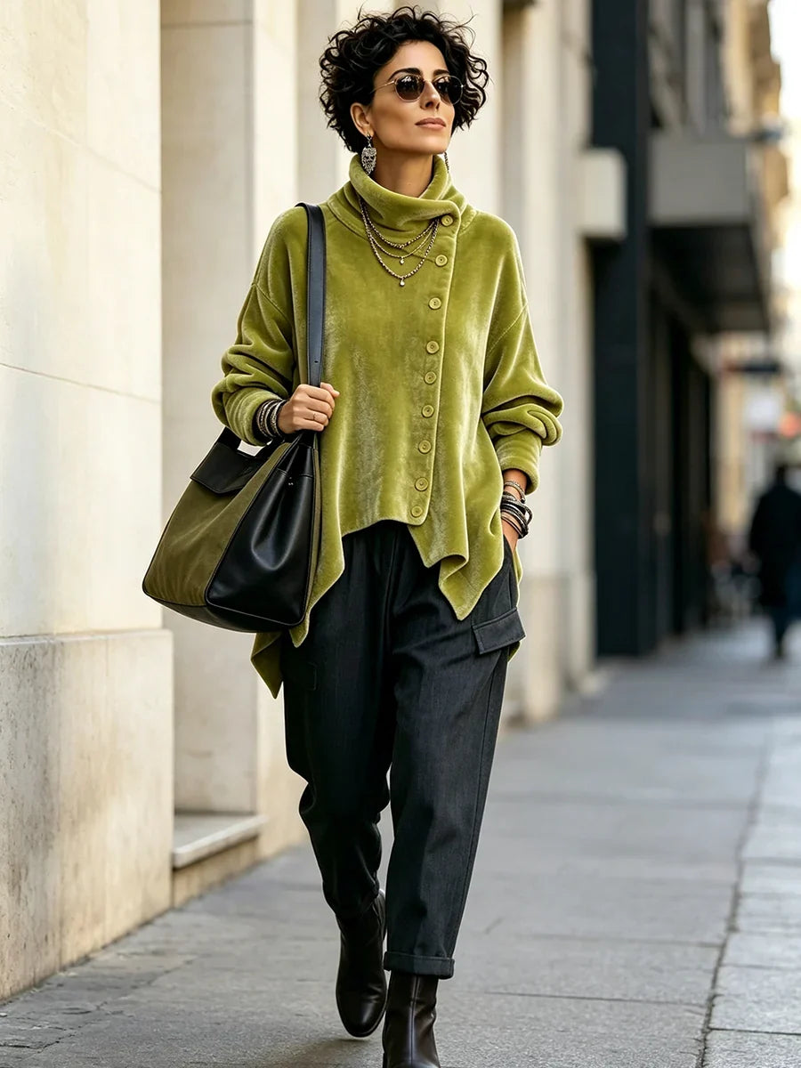 Velvet Asymmetric Button Turtleneck Top