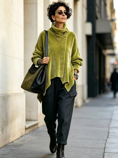 Velvet Asymmetric Button Turtleneck Top
