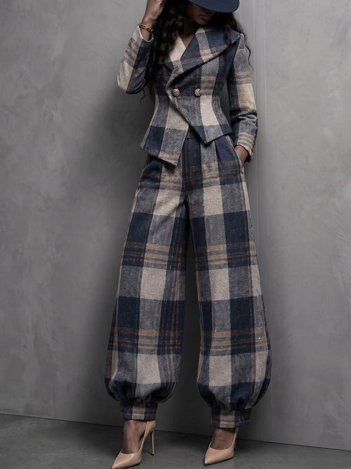 Plaid Blazer & Balloon Pants Matching Set