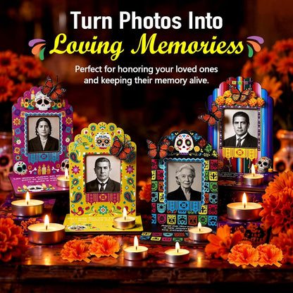 Día de los Muertos Complete Ofrenda Altar Kit – 10 Wooden Photo Frames with Marigolds & Accent Decor
