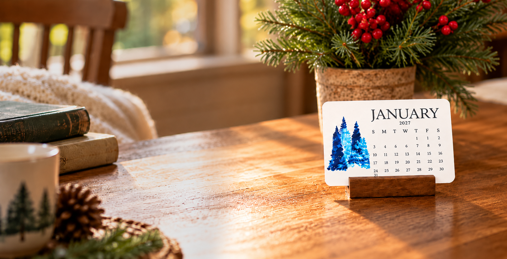 Watercolor January calendar on a sunlit wooden table