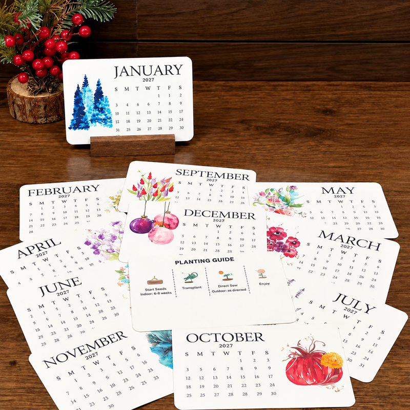 Twelve illustrated calendar cards laid out on a table