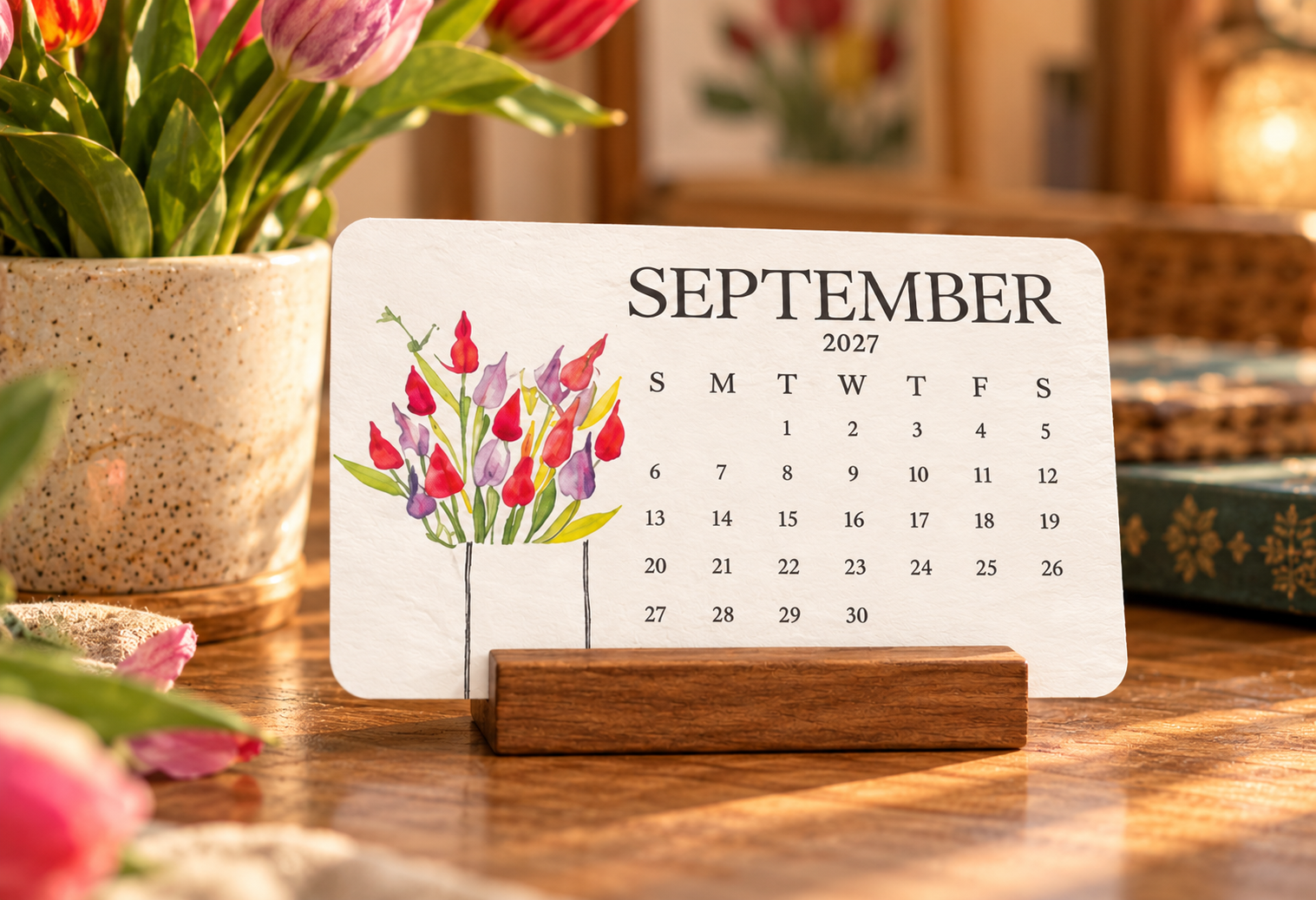 Floral watercolor calendar beside flowers