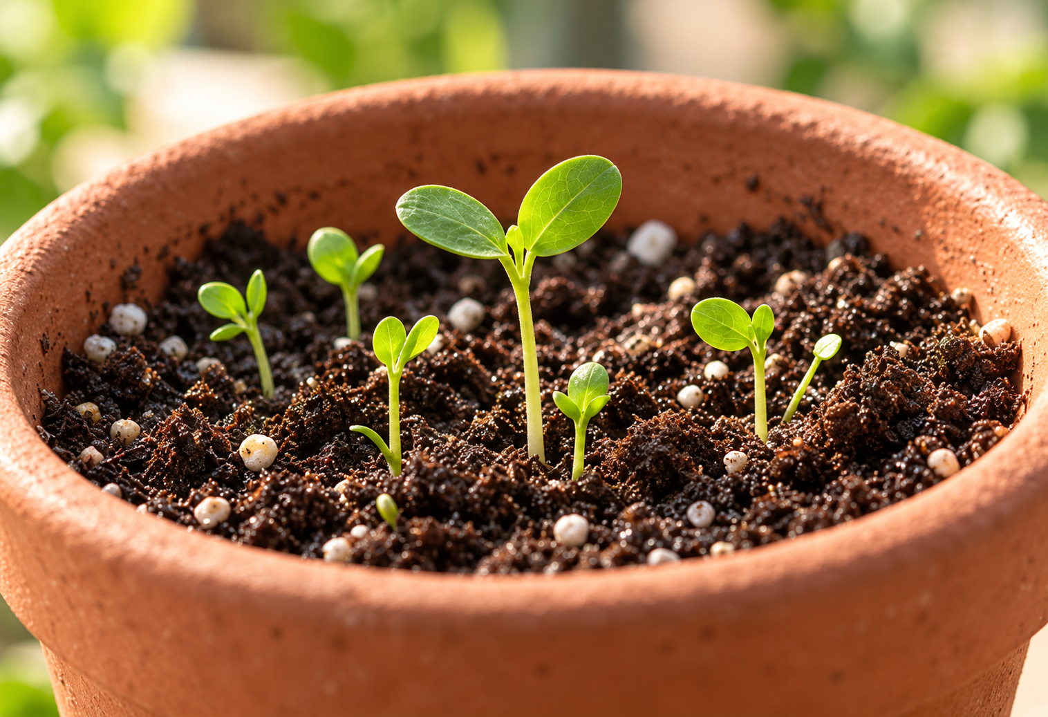 Seedlings sprouting in potting soil