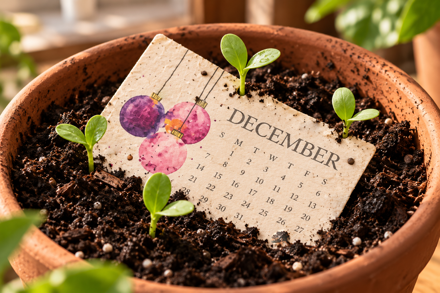 Little seedlings near a planted calendar card