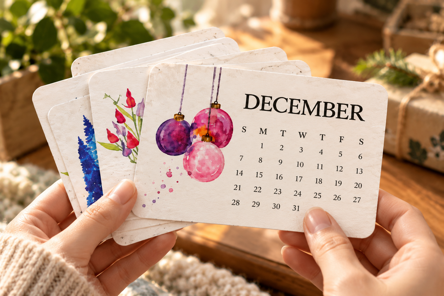 Hand holding a set of watercolor seed-paper calendars