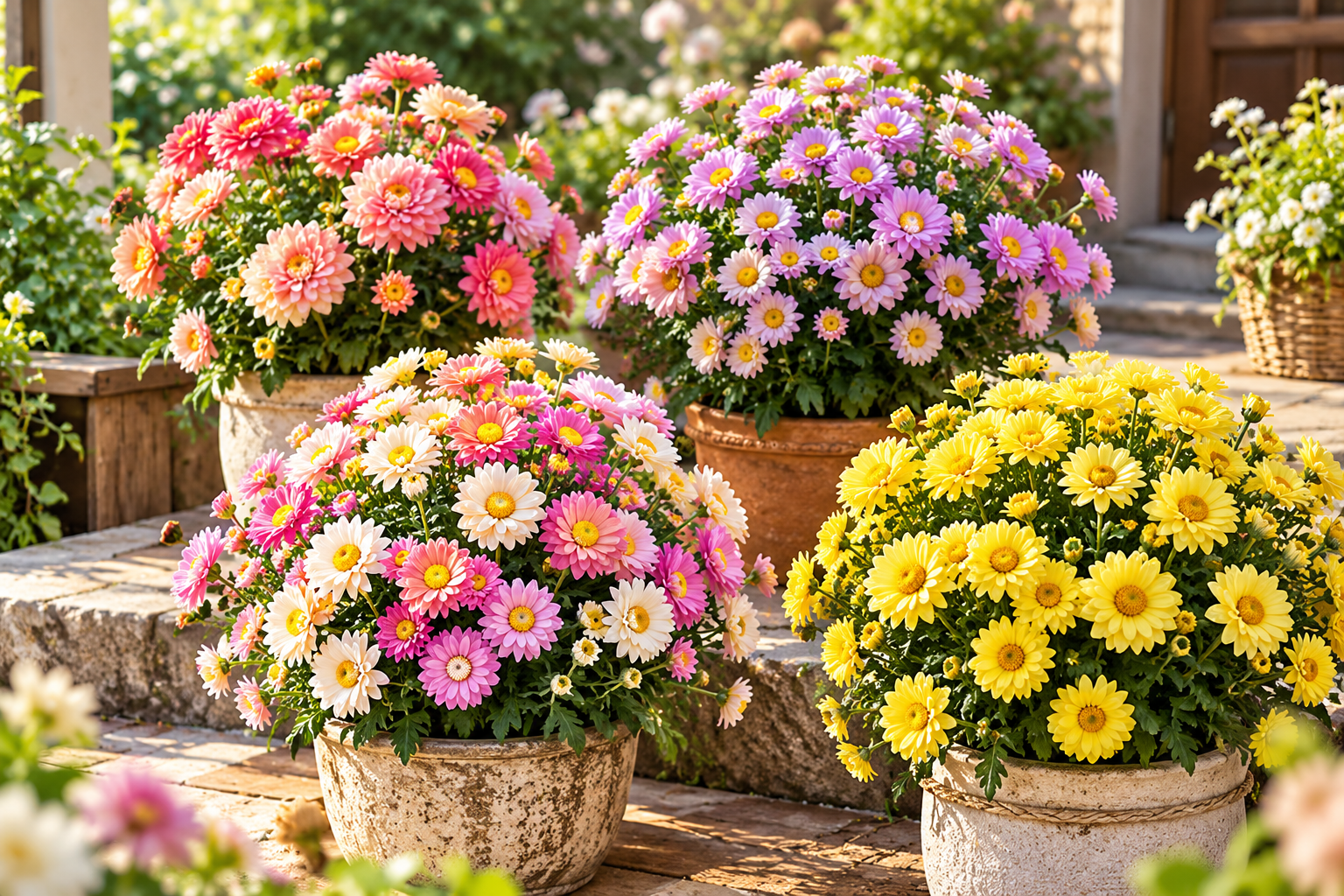 Flowering potted plants in a garden