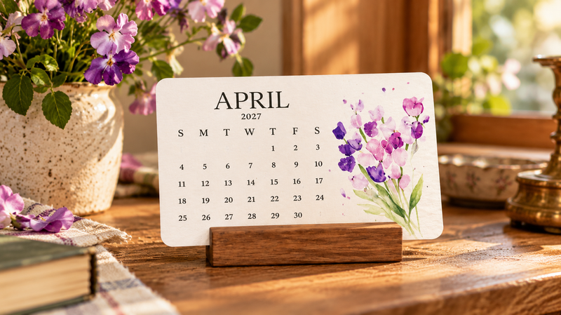 April watercolor calendar with flowers