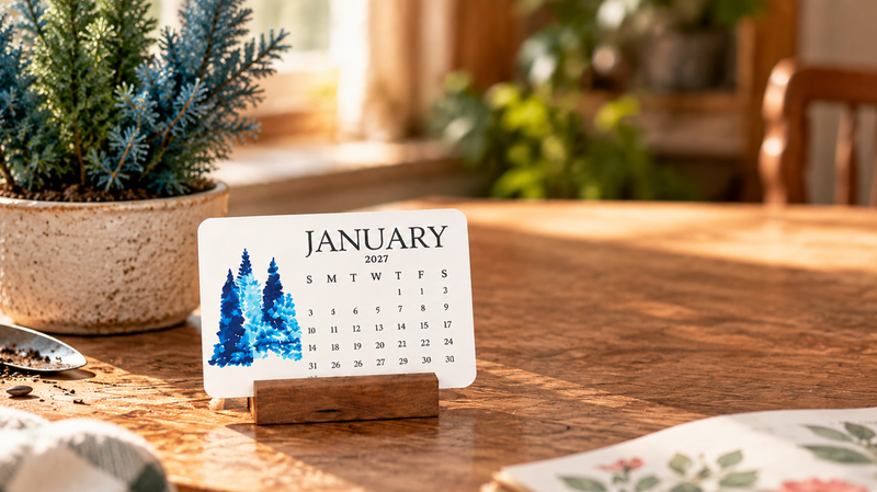 Small January calendar on a wooden table