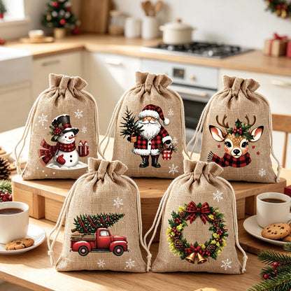 🎄 Christmas Drawstring Gift Bags – Santa & Reindeer Design, Reusable Fabric Gift Wrapping Bags