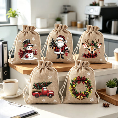 🎄 Christmas Drawstring Gift Bags – Santa & Reindeer Design, Reusable Fabric Gift Wrapping Bags