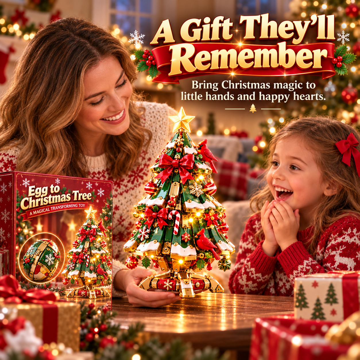 Family admiring a festive transforming Christmas tree display