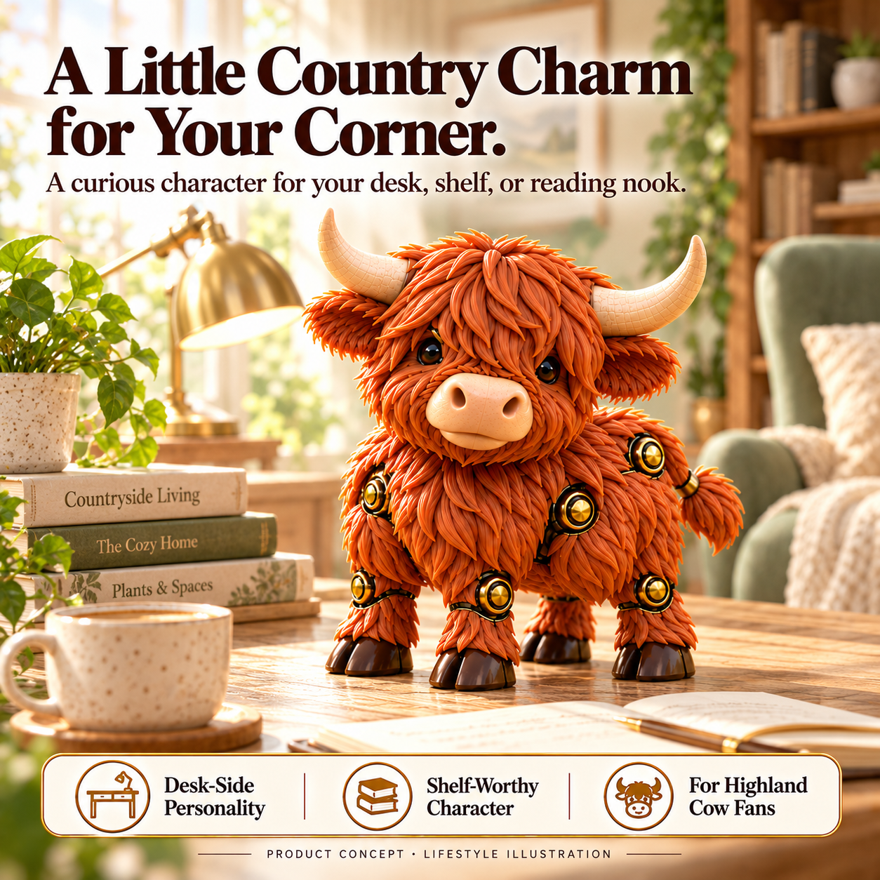 Highland cow collectible concept displayed on a cozy wooden desk