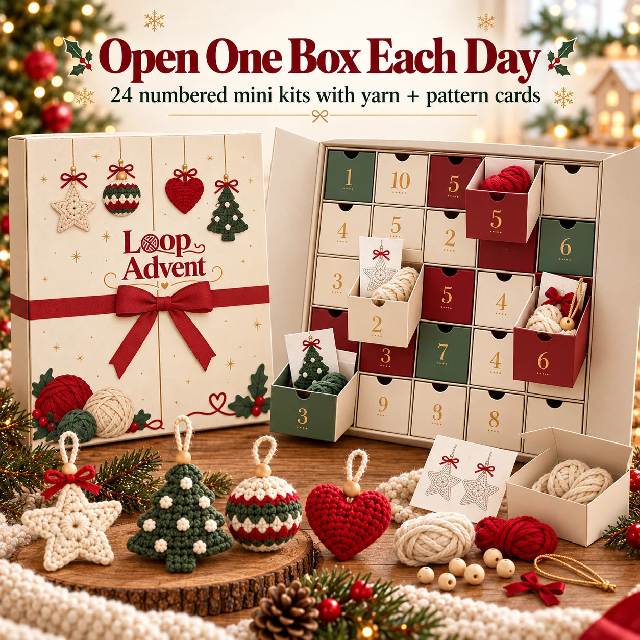 Opened numbered Advent Calendar compartments containing miniature yarn packs and crochet project cards